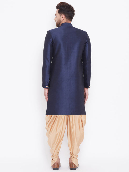 Vastramay Men's Navy Blue And Rose Gold Silk Blend Sherwani Set